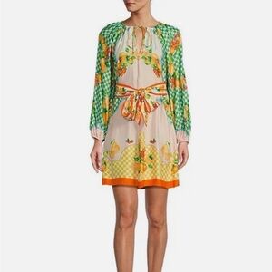NWT Antonio Melani Sz M Raffaella Fruit Printed Satin Tie Neck Long Sleeve Dress